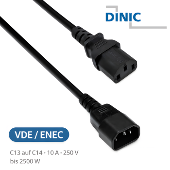 DINIC Kaltgeräte-Verlängerung C13 Stecker auf C14 Buchse, VDE, 1mm² schwarz, 3m